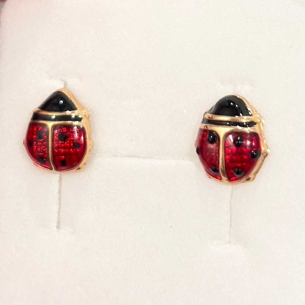 Ladybug Gold Earrings: 14K solid yellow gold red black enamel vintage - Picture 6 of 9